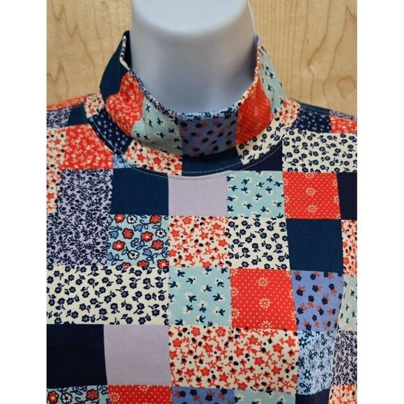 Lands End Womens Patchwork Turtleneck Long Sleeve Top Size L Cotton Blend Colorf - Picture 2 of 6